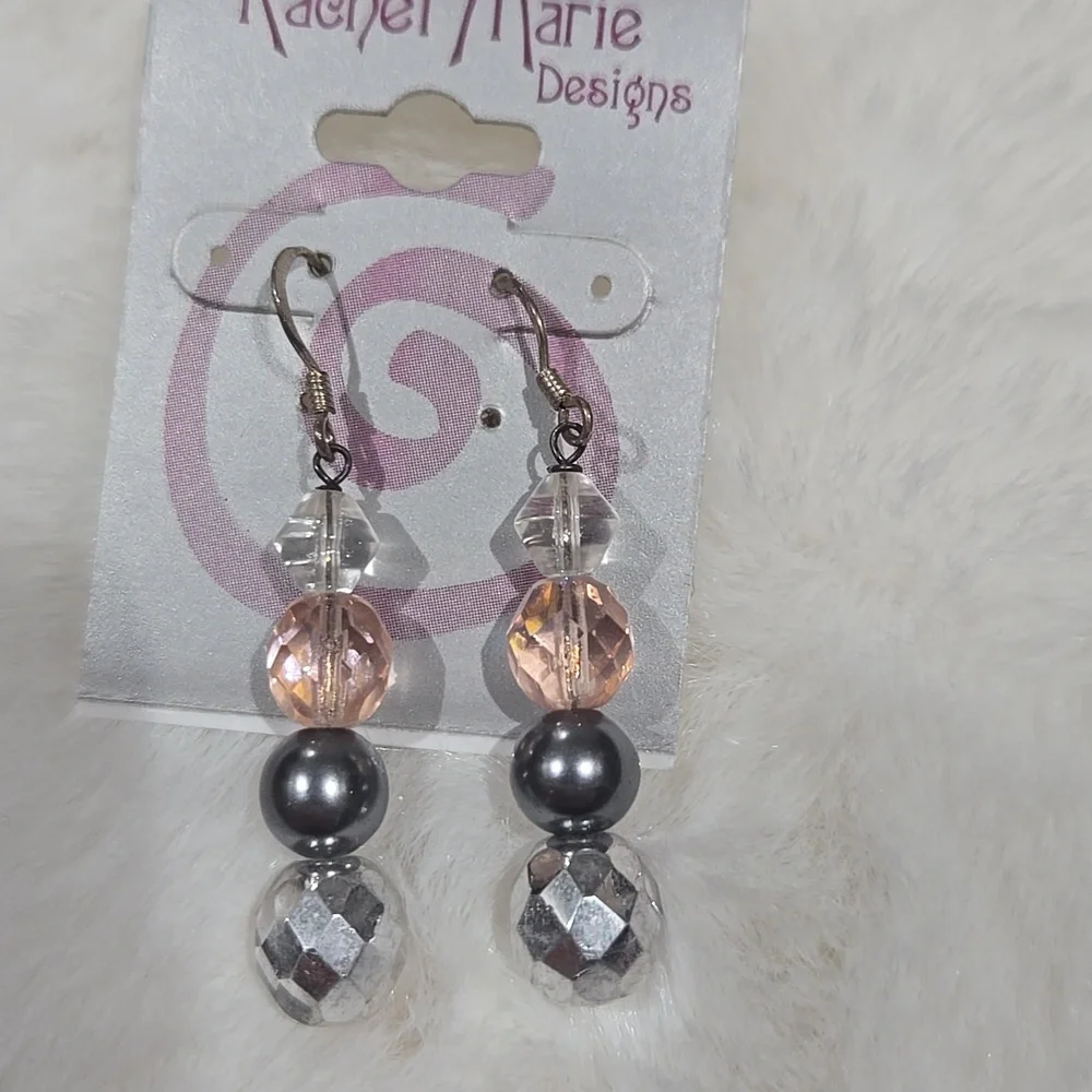 Rachel Marie designs hand crafted earrings ,silver, gray, pink, clear beads NEW